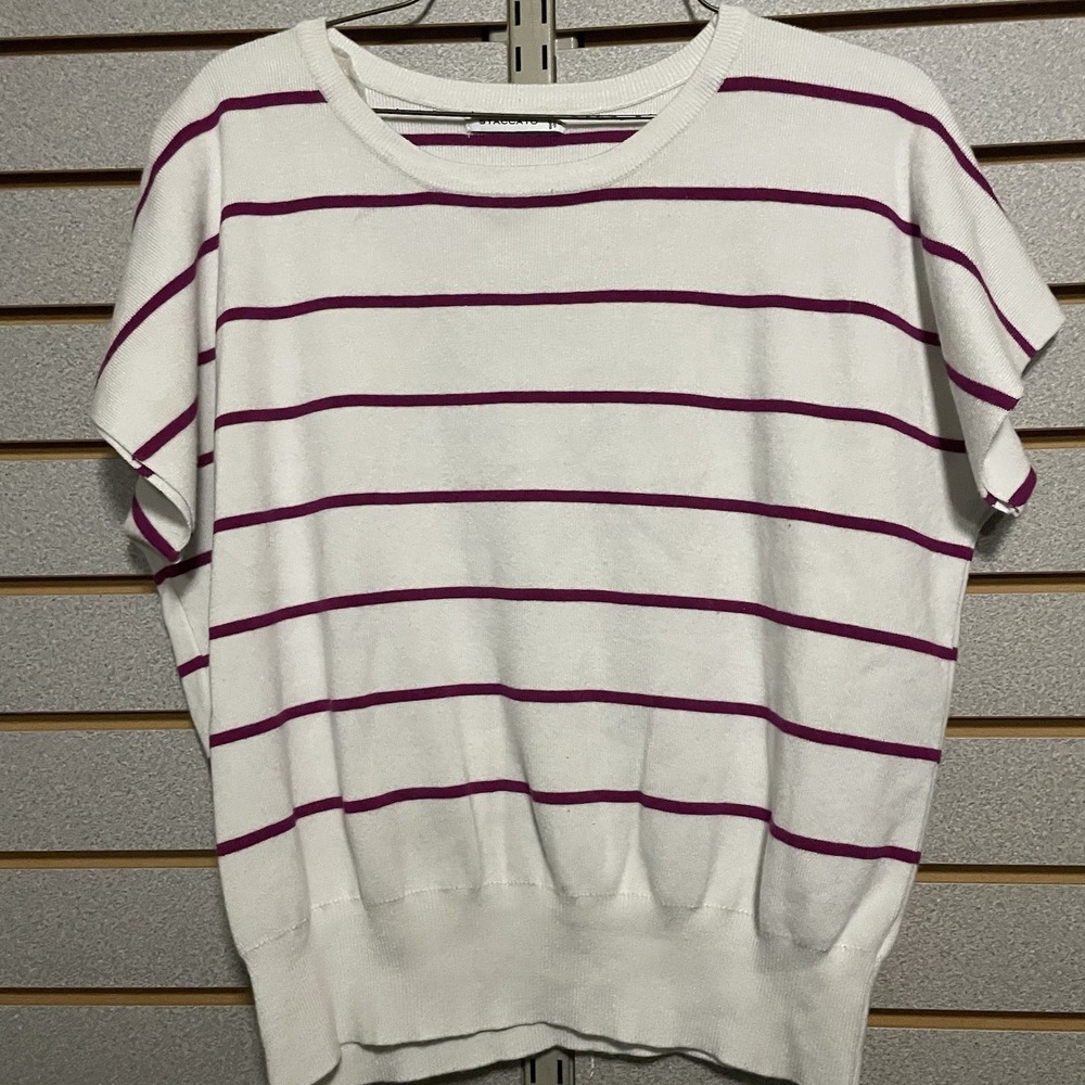 Staccato L Pink White Stripes Short Sleeve Top Shirt Blouse LN Stretch